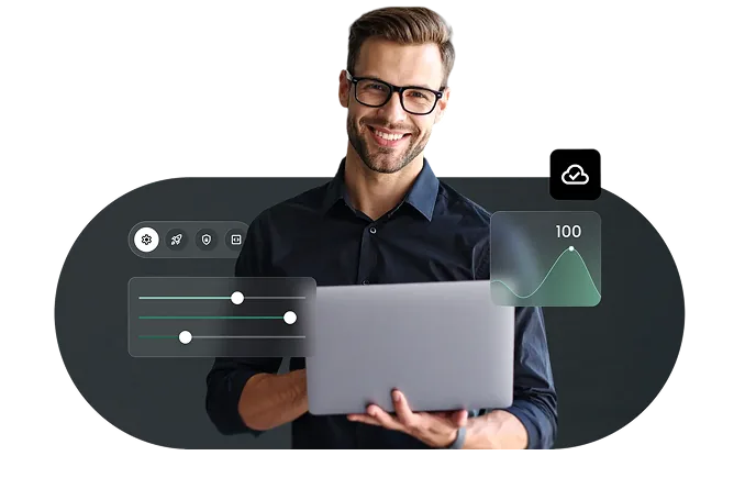 A person holding a laptop beside floating deployment controls and a usage chart